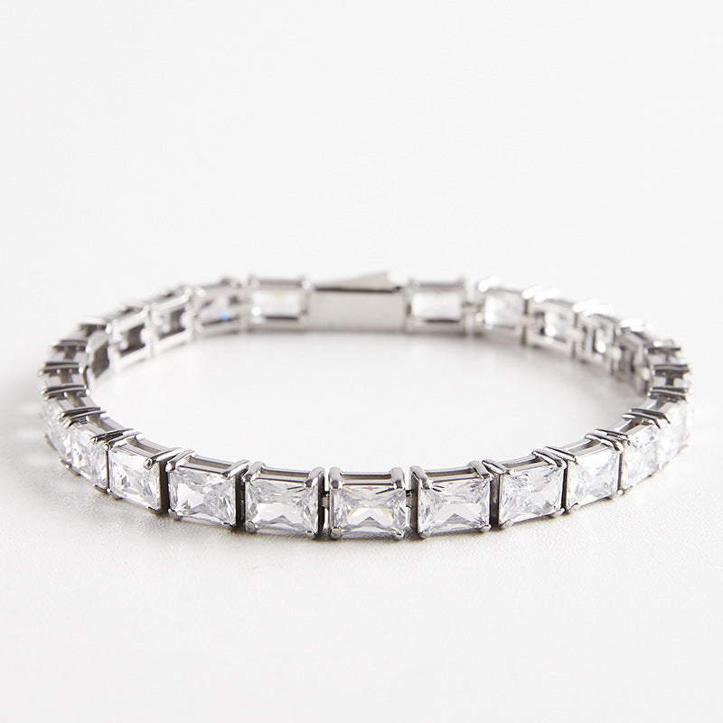 Iced Out Stainless Steel Rectangular Zircon Tennis Bracelet – CZ Stones, Silver Finish