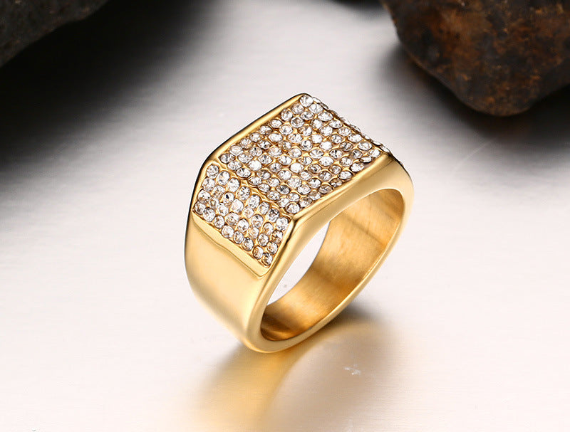 Gold-Tone Titanium Steel Diamond Men’s Ring – Modern Fashion Band