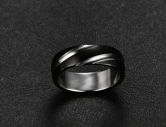 Black Titanium Steel Twill Ring for Men – Modern Textured Band