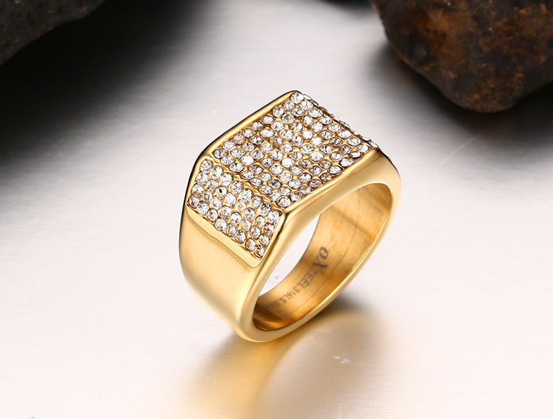 Gold-Tone Titanium Steel Diamond Men’s Ring – Modern Fashion Band