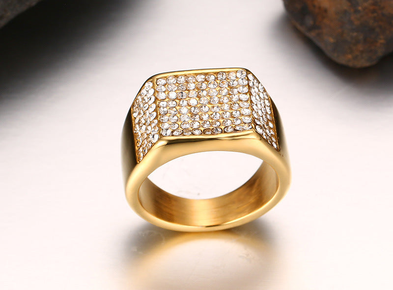 Gold-Tone Titanium Steel Diamond Men’s Ring – Modern Fashion Band