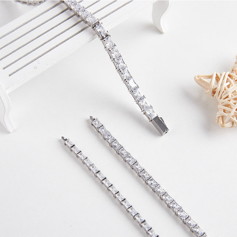 Iced Out Stainless Steel Rectangular Zircon Tennis Bracelet – CZ Stones, Silver Finish