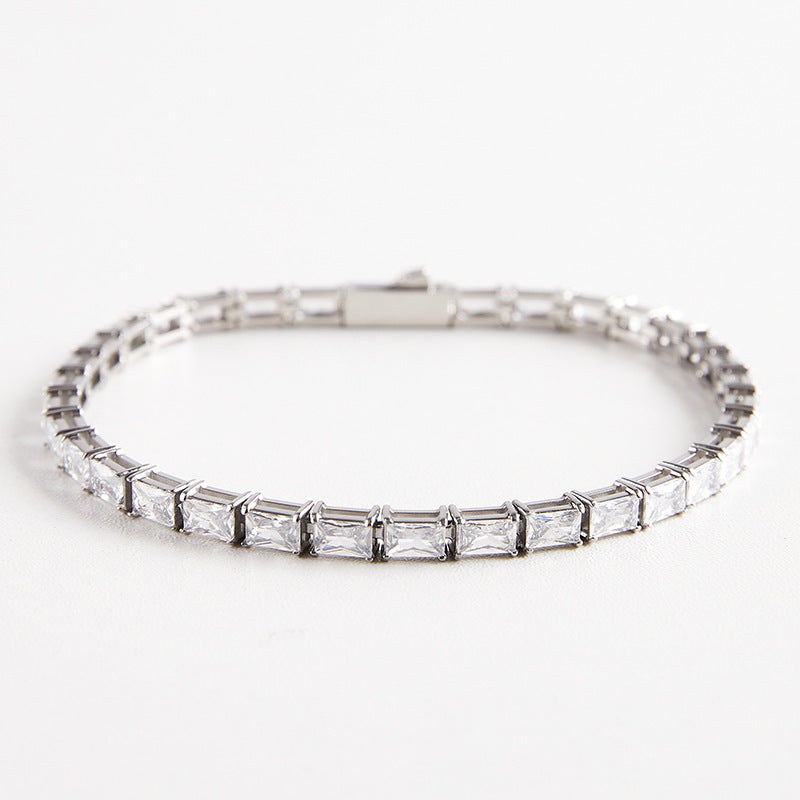 Iced Out Stainless Steel Rectangular Zircon Tennis Bracelet – CZ Stones, Silver Finish