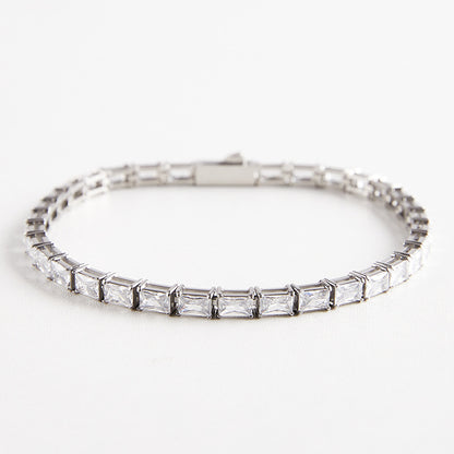 Iced Out Stainless Steel Rectangular Zircon Tennis Bracelet – CZ Stones, Silver Finish