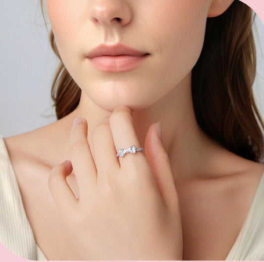925 Sterling Silver Bow Zircon Ring – Cute Adjustable Ring for Women & Girls