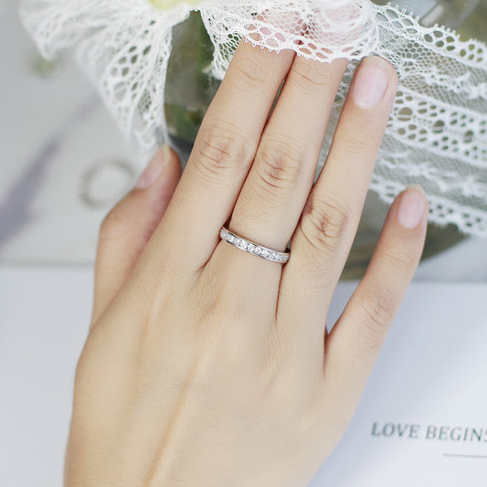 925 Sterling Silver Moissanite Ring – White Gold Plated Full Row Sparkling Engagement Band