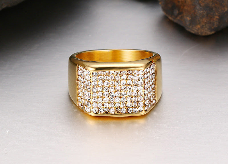 Gold-Tone Titanium Steel Diamond Men’s Ring – Modern Fashion Band