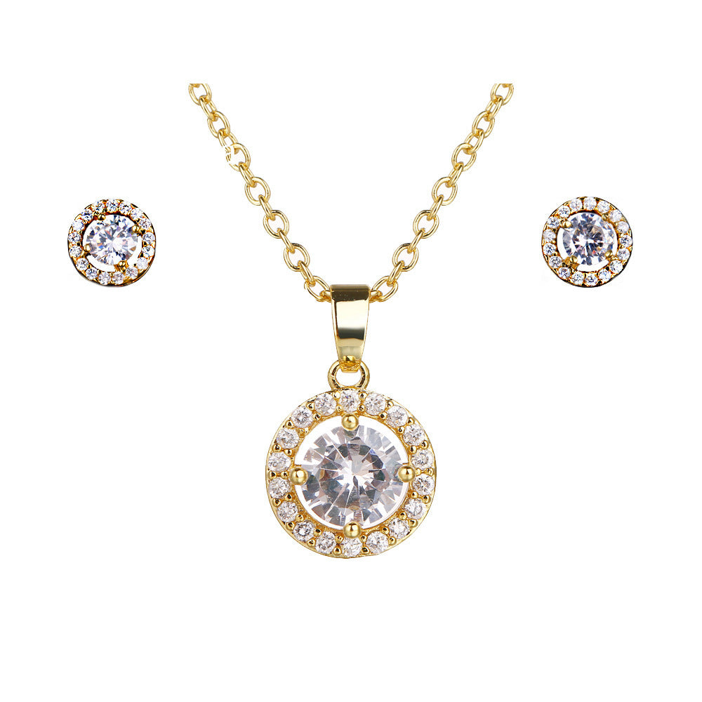 Women’s Two-Piece Zircon Jewelry Set – Simple Round Clavicle Chain Necklace & Earrings