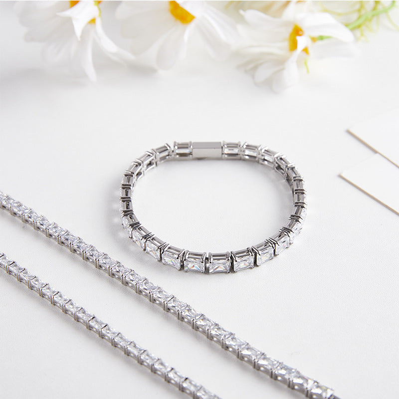 Iced Out Stainless Steel Rectangular Zircon Tennis Bracelet – CZ Stones, Silver Finish